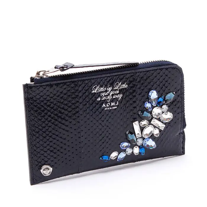 ADMJ エーディーエムジェイ スネークレザー クリスタル付 長財布 NAVY