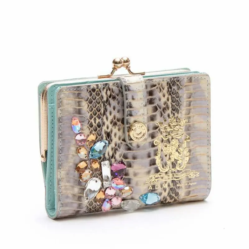 ADMJ エーディーエムジェイ スネークレザー クリスタル付 がま口 二つ折り財布 LILA GOLD SHINE
