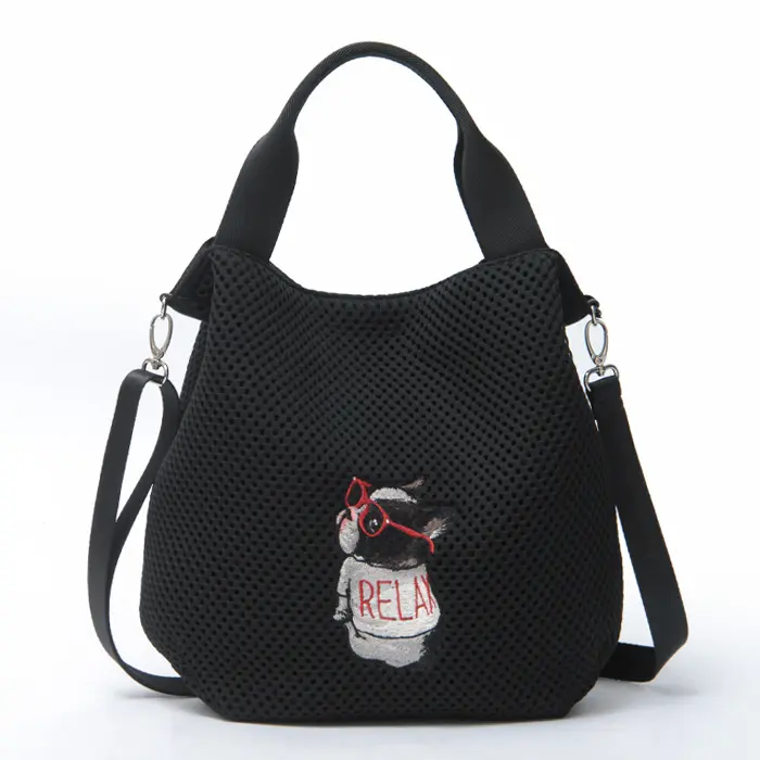 CHARUER シャルエ アニマル刺繍 メッシュ 2way トートバッグ ボストンテリア/ブラック