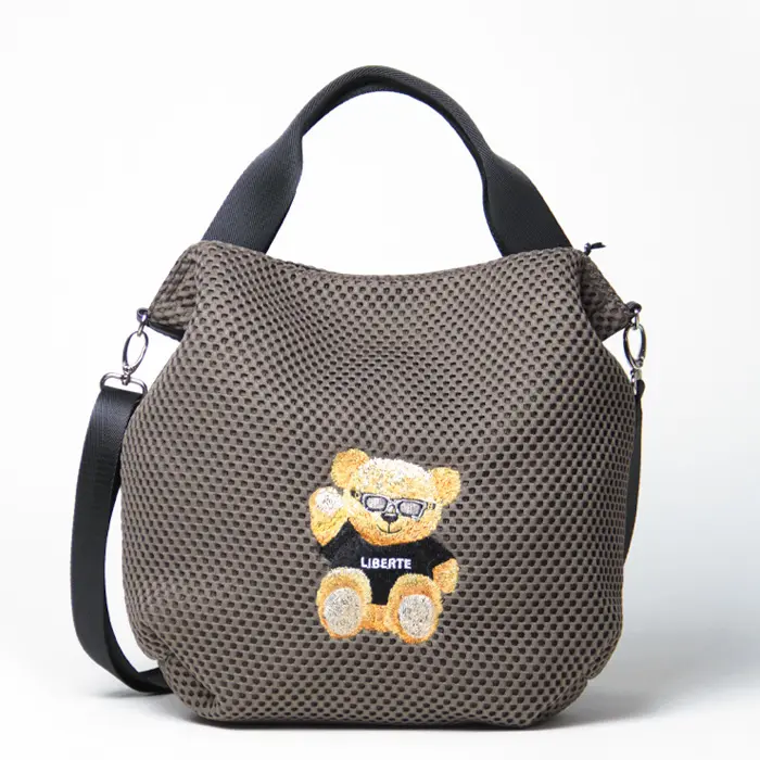 CHARUER シャルエ アニマル刺繍 メッシュ 2way トートバッグ テディベア/グレーベージュ