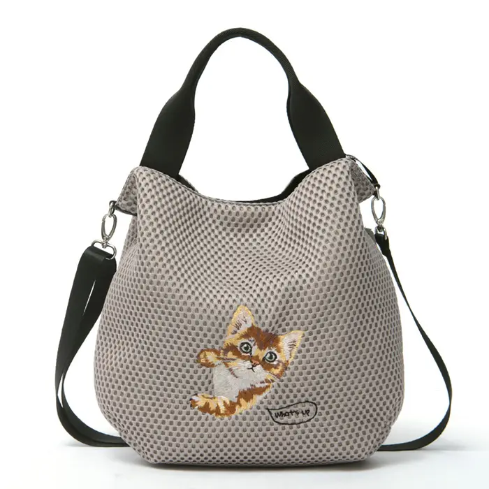 CHARUER シャルエ アニマル刺繍 メッシュ 2way トートバッグ キャット/グレー