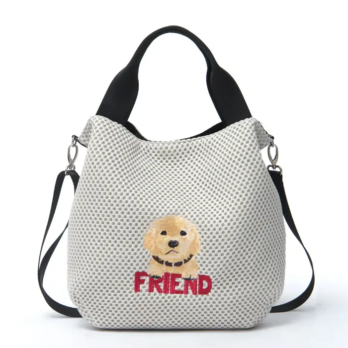 CHARUER シャルエ アニマル刺繍 メッシュ 2way トートバッグ ゴールデンレトリバー/ライトグレー
