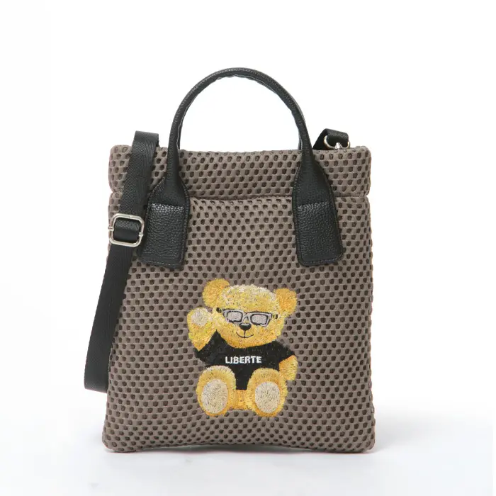 CHARUER シャルエ アニマル刺繍 メッシュ 2way トートバッグ テディベア/グレーベージュ
