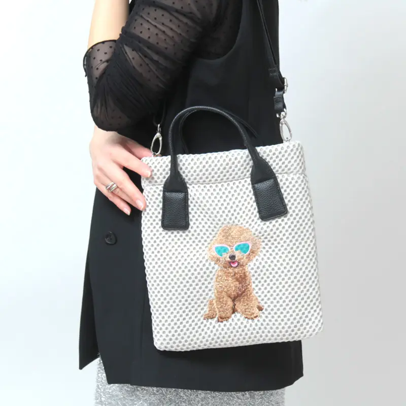 CHARUER シャルエ アニマル刺繍 メッシュ 2way トートバッグ プードル/ライトグレー