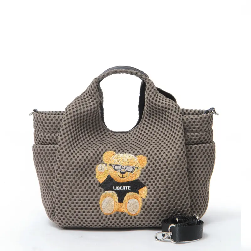 CHARUER シャルエ アニマル刺繍 メッシュ 2way トートバッグ テディベア/グレーベージュ