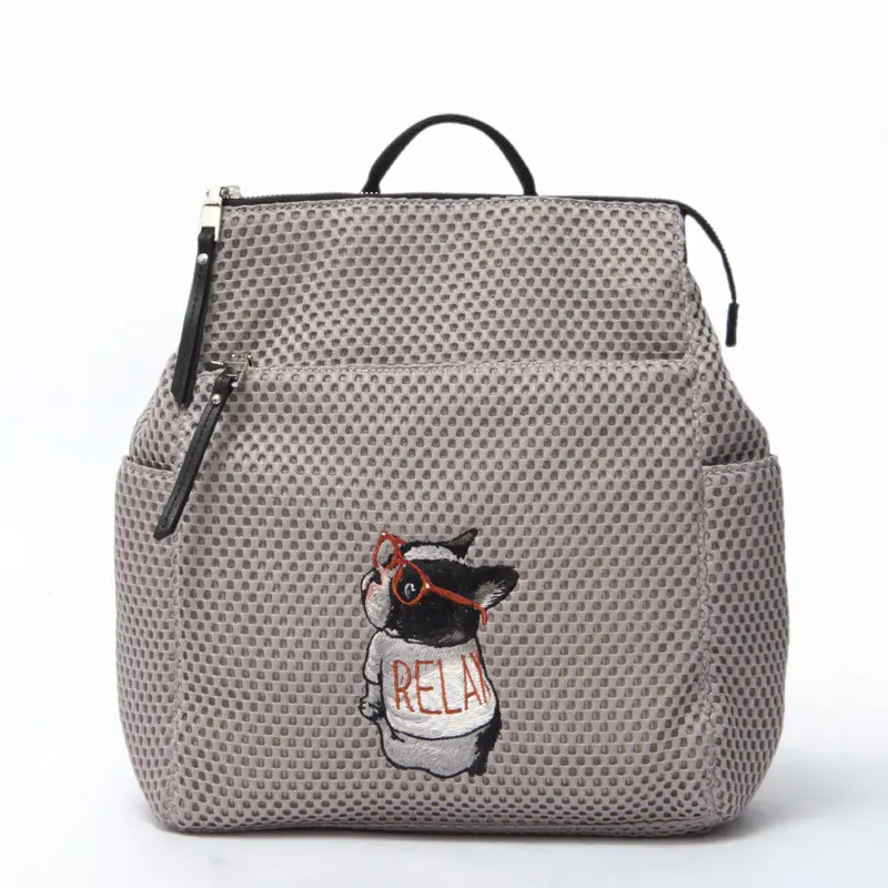 CHARUER シャルエ アニマル刺繍 メッシュ リュック ボストンテリア/グレー