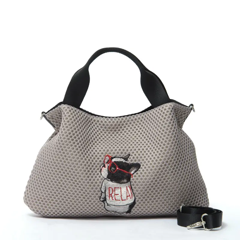 CHARUER シャルエ アニマル刺繍 メッシュ 2way トートバッグ ボストンテリア/グレー