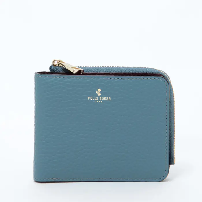 PELLE BORSA ペレボルサ Reinetto Goods  型押しシュリンク L字ファスナー 二つ折り財布 ブルーグレー