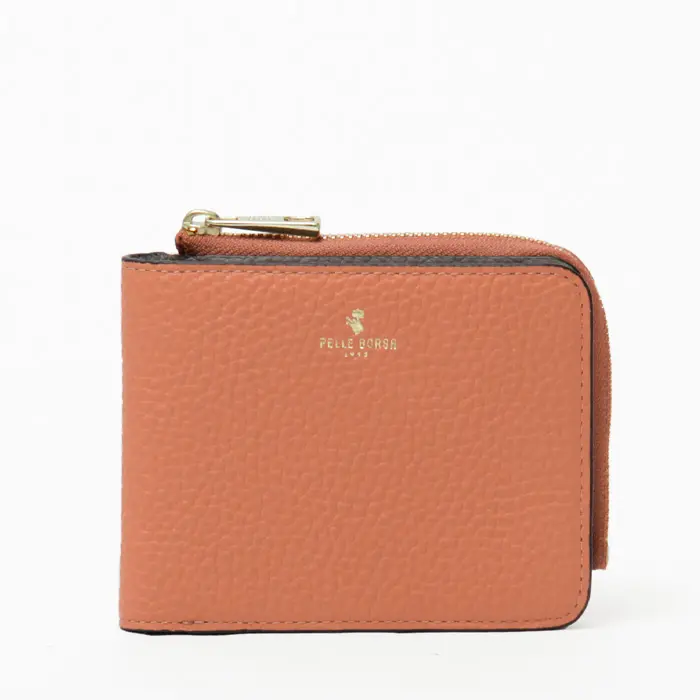 PELLE BORSA ペレボルサ Reinetto Goods  型押しシュリンク L字ファスナー 二つ折り財布 サーモンオレンジ