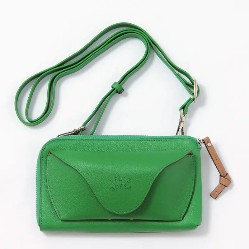 PELLE BORSA ペレボルサ VERY GOODS シュリンクレザー メガネポケット付き お財布ポシェット グリーン