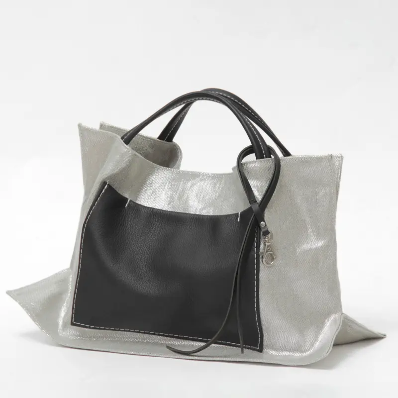 TA-design ティーエーデザイン F-465 麻(箔樹脂加工）トートバッグ (M) シルバー/ブラック