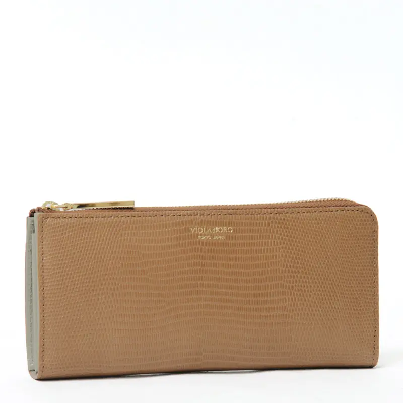 VIOLAd'ORO ヴィオラドーロ PORTA リザード型押しレザー L字ファスナー 長財布 キャメル/ライトトープ