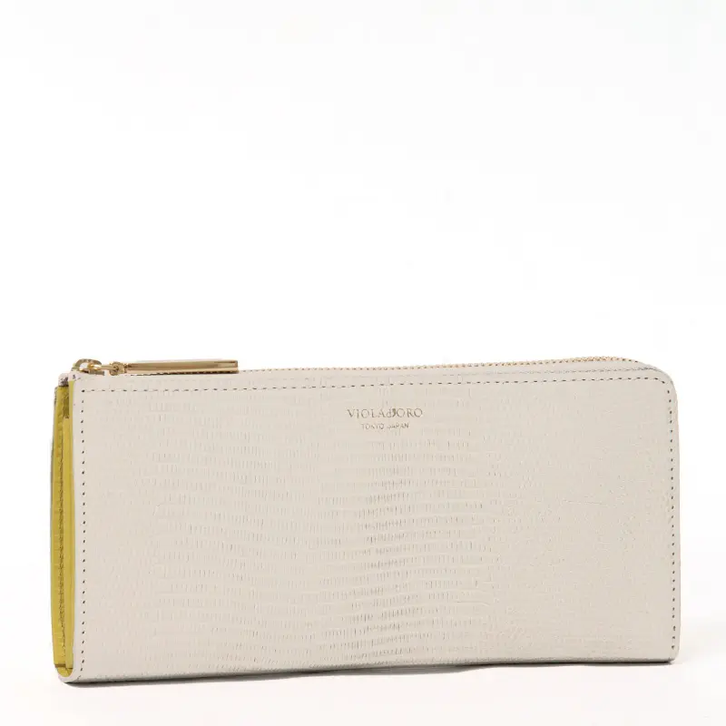 VIOLAd'ORO ヴィオラドーロ PORTA リザード型押しレザー L字ファスナー 長財布 アイスグレー/シトラス
