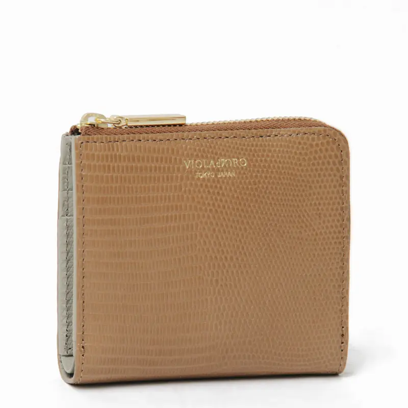 VIOLAd'ORO ヴィオラドーロ PORTA リザード型押し 二つ折り財布 キャメル/ライトトープ