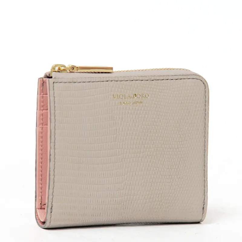 VIOLAd'ORO ヴィオラドーロ PORTA リザード型押し 二つ折り財布 トープ/ライトピンク