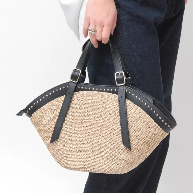 VIOLAd'ORO ヴィオラドーロ MIRO アバカ×レザー スタッズ付き かごバッグ