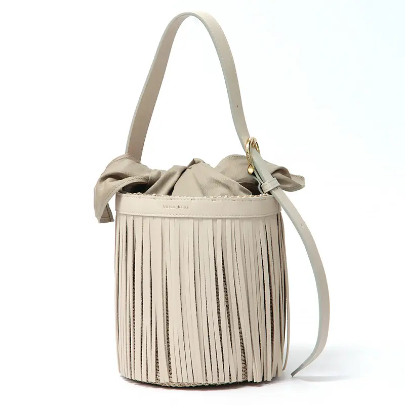 MIRO アバカ×レザー フリンジ付き バケツ型 かごバッグ V-9011