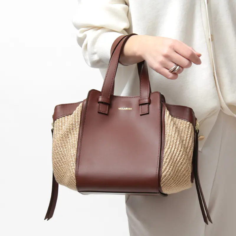 VIOLAd'ORO ヴィオラドーロ SANDRO ラフィア調 レザーコンビ かごバッグ ミニ ≪5月初≫ナチュラル/ブラウン