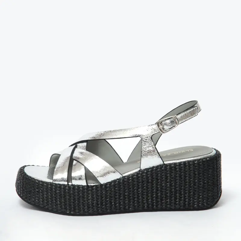 ELVIO ZANON エルビオザノン メタリックレザー ウエッジソール サンダル SILVER/BLACK