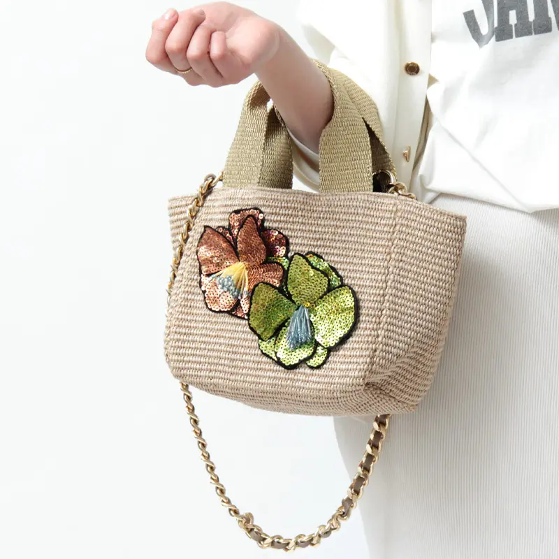 L'AURA ラウラ BIMBA フラワーモチーフ ラフィア調 2wayかごバッグ