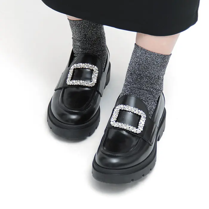 FABIO RUSCONI ファビオルスコーニ ジュエルバックル付き ガラスレザー ローファー BLACK